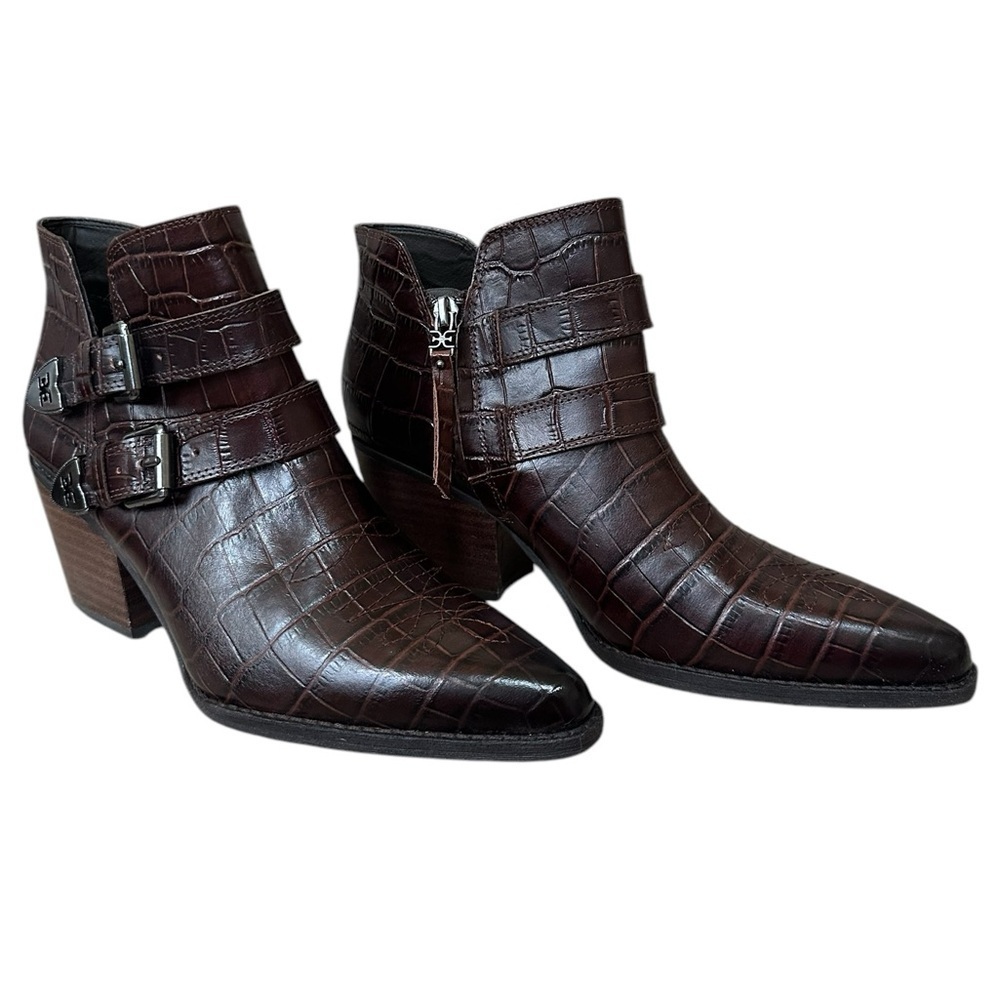 Sam Edelman Windsor Leather Croc Embossed Brown Western Booties size 8 NWT NWOB